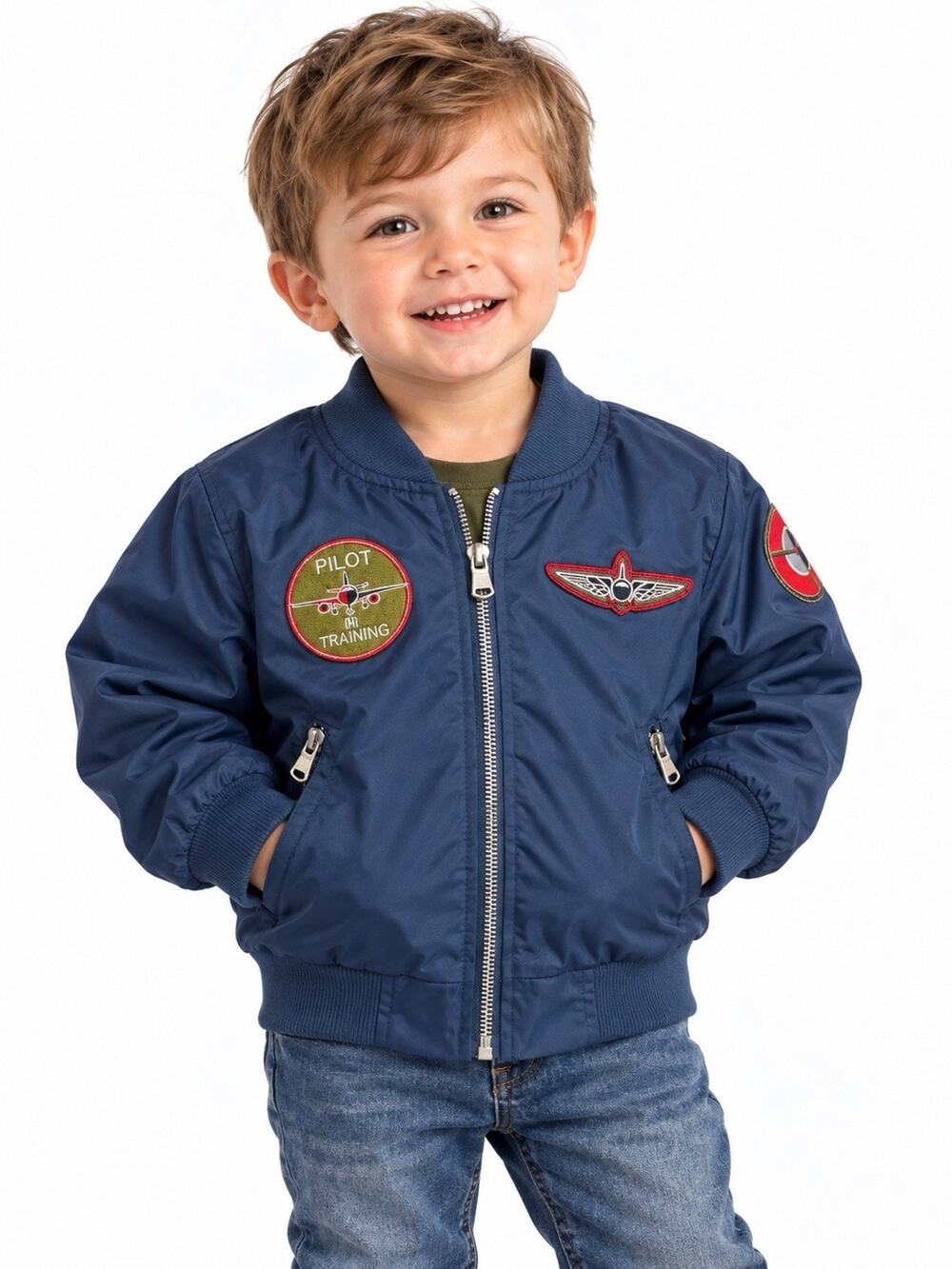 Blueberi Boulevard Boys 2T Navy Blue Pilot Aviation Bomber Jacket Patches